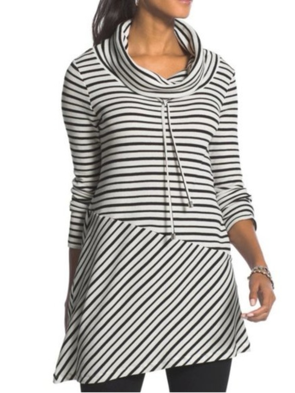 Chicos Zenergy Sz 1 US M Black White Striped Long Sleeve Diana Tunic Top NWOT